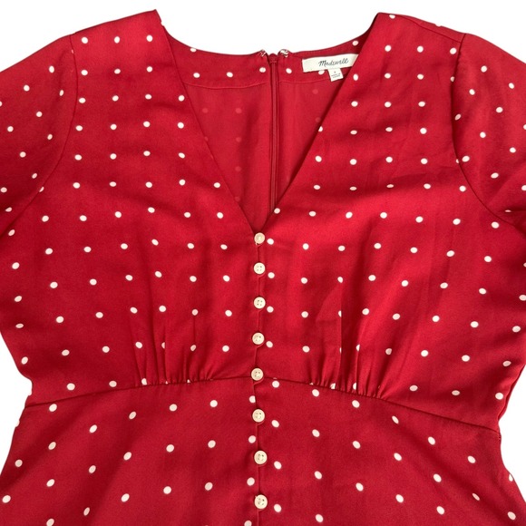 Madewell Button-Front Swing Dress Red White Polka Dot Short Sleeve Mini Size 2 - Picture 4 of 10